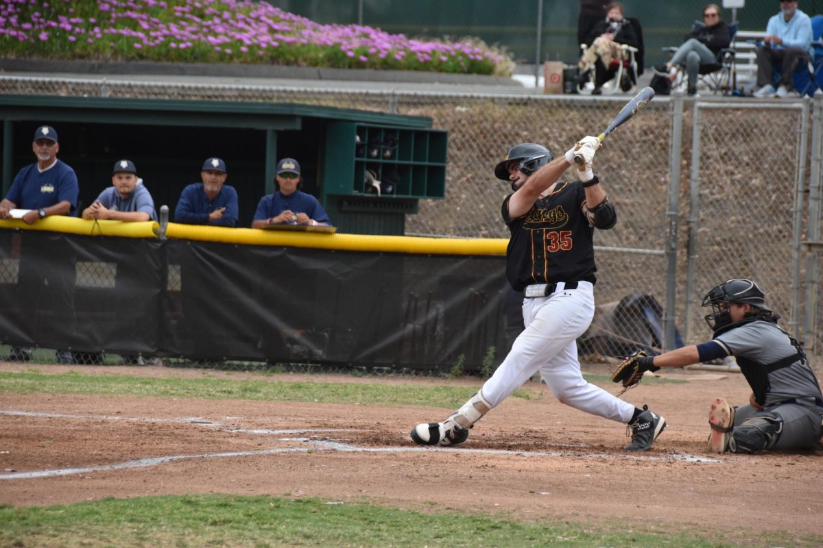 No. 35 Brendan Lister swings in an at bat against Yuba college March 31.